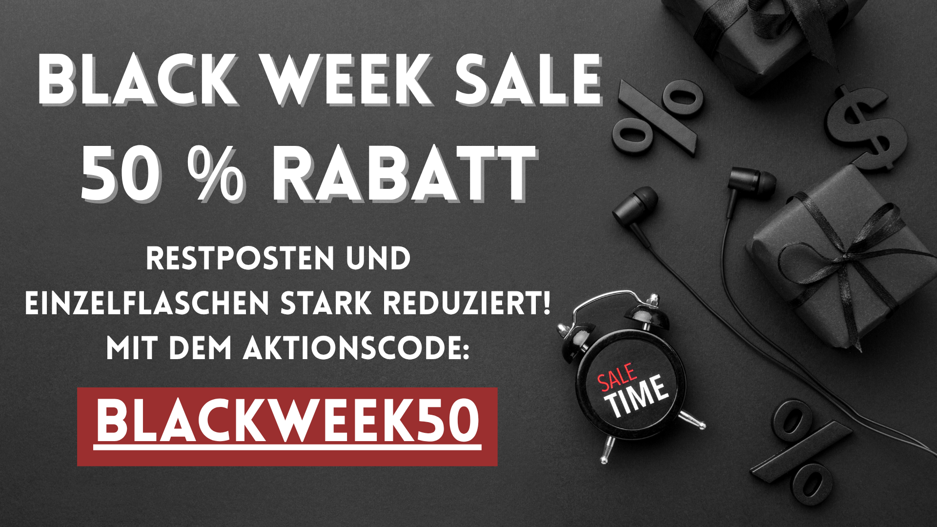 Werbeanzeige zu Black Week mit 50% Rabatt