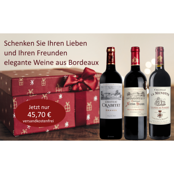 Weihnachts-Geschenkpaket Premium Rotweine aus Bordeaux  (3 * 0,75 L) versandkostenfrei